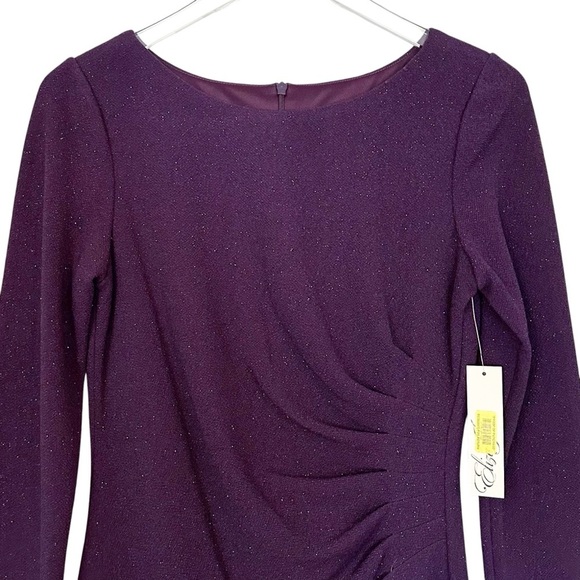 NWT Eliza J Long Sleeve Ruched Sheath Dress in Plum Glitter Size 6 - Picture 3 of 13